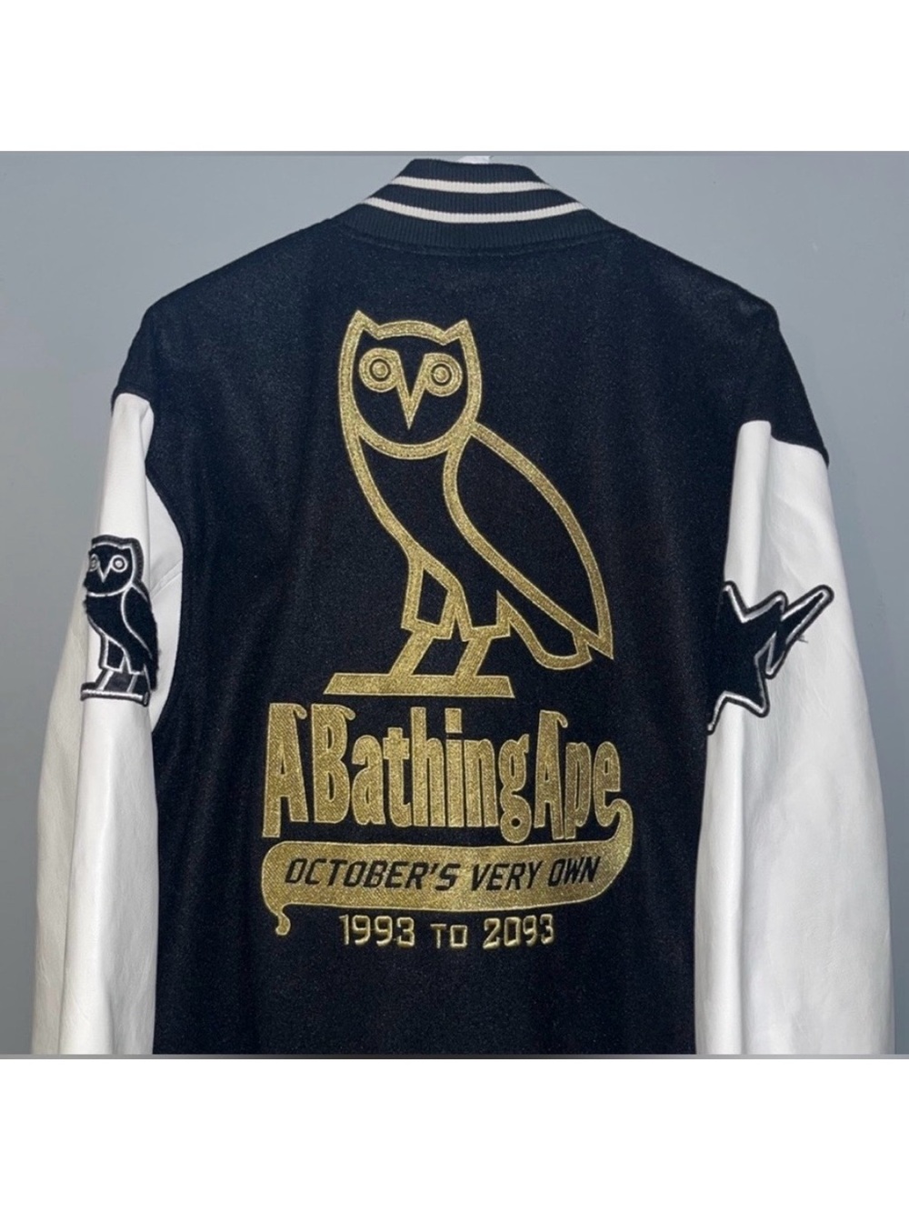 Bape x OVO Varsity Bomber Jacket Black White | A Bathing Ape x Octobers Very Own